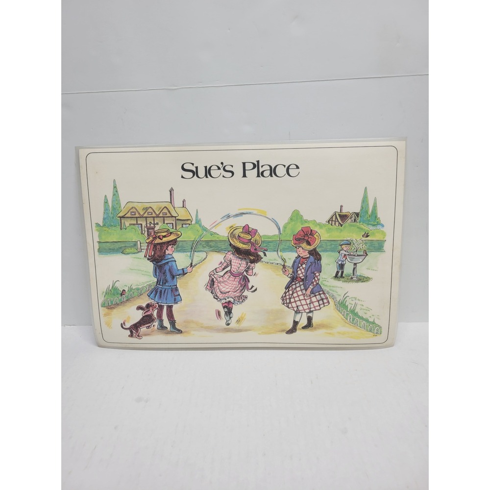 Vintage 1978 Russ Berrie Sues Place Placemat Girls Jumping Rope Cottagecore 17in